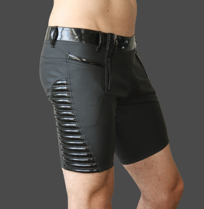 Dandy Pant Short – black and grey softshell shorts with glossy front zipper and ribbed panel, side view