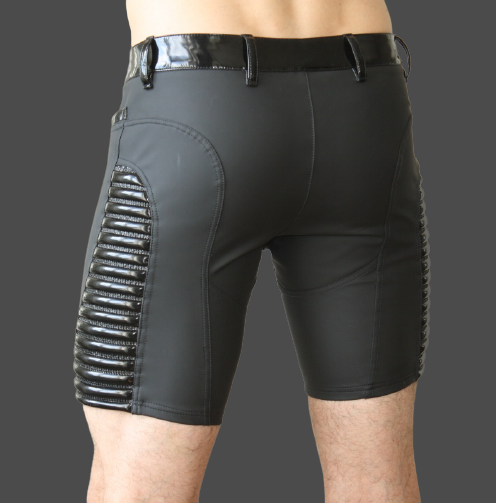 Dandy Pant Short – black glossy softshell shorts with silver ribbed outer thigh detail, front view